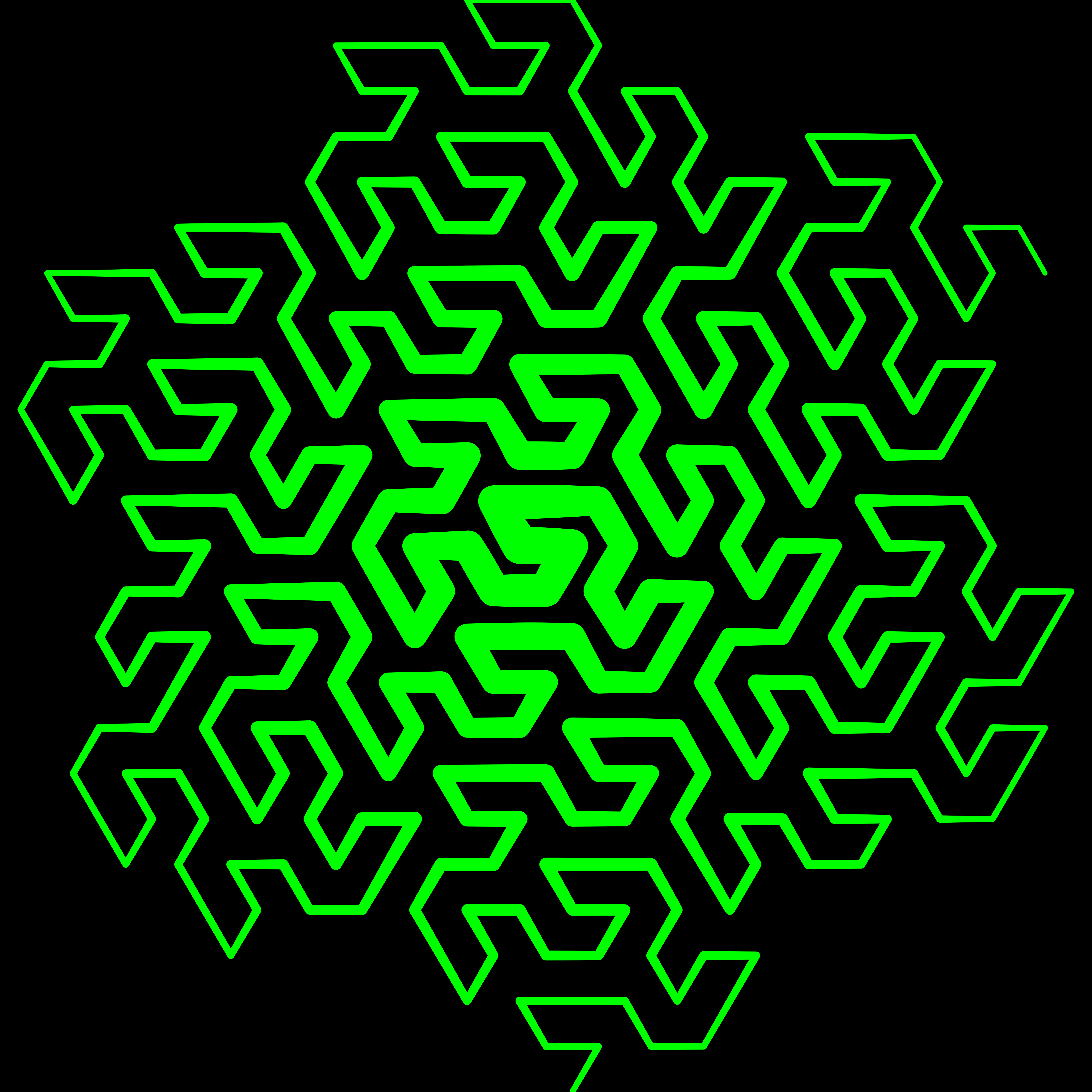 An image of a Gosper curve with the line in green and a black background
